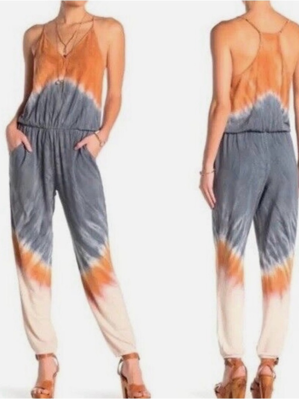 Young Fabulous & Broke Tie-Dye Spaghetti-Strap Jumpsuit in Orange, Gray & Cream - Picture 1 of 8